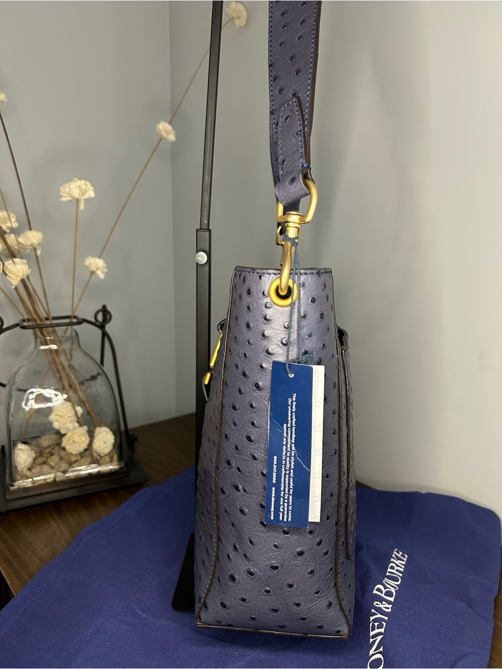 Dooney & Bourke NWT Blue Ostrich-Embossed Leather Brynn Bag Buckle Accent - Picture 7 of 14